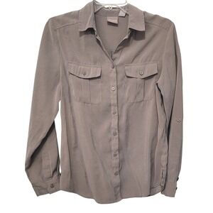 Chicos Utility Button Down Shirt Womens 0 Taupe Roll Tab Sleeve Collared Pockets
